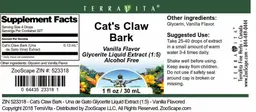 Label for Cat's Claw Bark Vanilla Flavor