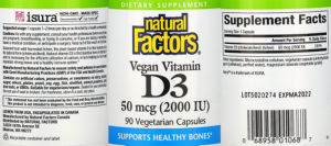 Label for Vegan Vitamin D3 50 mcg (2000 IU)