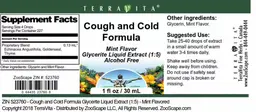 Label for Cough and Cold Formula Mint Flavor
