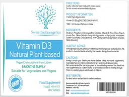 Label for Vitamin D3 Natural Plant Based 25 mcg (1000 IU)