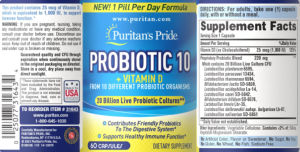 Label for Probiotic 10 + Vitamin D