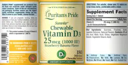 Label for Sunvite Chewable Vitamin D3 25 mcg (1000 IU) Strawberry-Banana Flavor