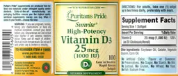 Label for Sunvite High-Potency Vitamin D3 25 mcg (1000 IU)