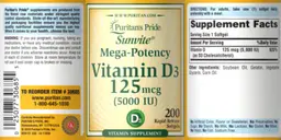 Label for Sunvite Mega-Potency Vitamin D3 125 mcg (5000 IU)