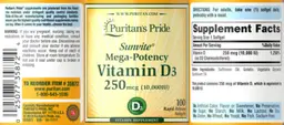 Label for Sunvite Mega-Potency Vitamin D3 250 mcg (10,000 IU)
