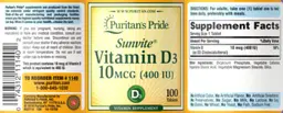 Label for Sunvite Vitamin D3 10 mcg (400 IU)