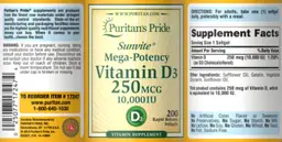 Label for Sunvite Mega-Potency Vitamin D3 250 mcg 10,000 IU