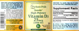 Label for Sunvite High-Potency Vitamin D3 25 mcg 1000 IU