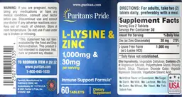 Label for L-Lysine 1,000 mg & Zinc 30 mg
