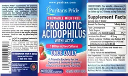 Label for Chewable Milk Free Probiotic Acidophilus Natural Strawberry Flavored