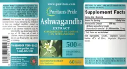 Label for Ashwagandha Extract 500 mg