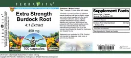 Label for Extra Strength Burdock Root 450 mg 4:1 Extract