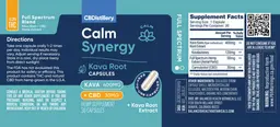 Label for Calm Synergy Kava Root Capsules 400 mg + CBD 30 mg