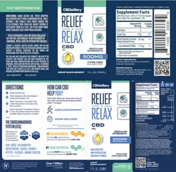 Label for Relief + Relax CBD Oil 17 mg Natural Hemp Flavor