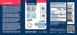 Label for Relief + Relax CBD Oil 33 mg Natural Hemp Flavor
