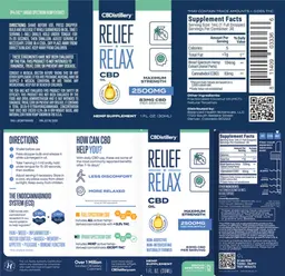 Label for Relief + Relax CBD Oil 83 mg Natural Hemp Flavor
