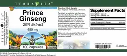 Label for Prince Ginseng 450 mg 20% Extract