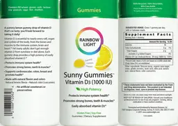 Label for Sunny Gummies Vitamin D3 (1,000 IU) Yummy Lemon Flavor