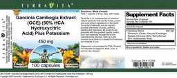 Label for Garcinia Cambogia Extract (GCE) (50% HCA Hydroxycritric Acid) plus Potassium 450 mg
