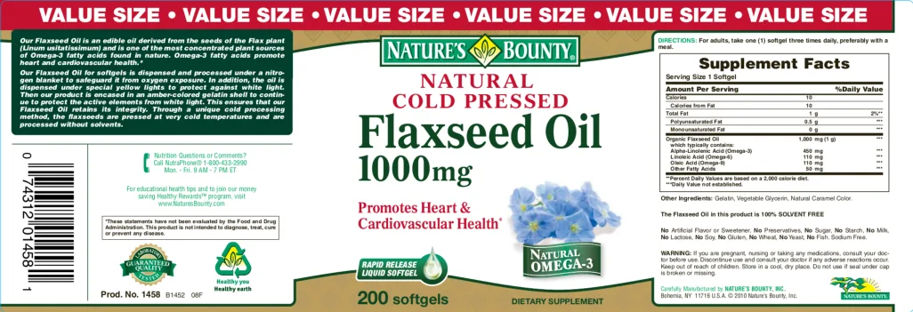 Label for Flaxseed Oil 1000 mg