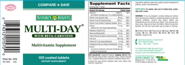 Label for Multi-Day with Beta-Carotene Multivitamin Supplement