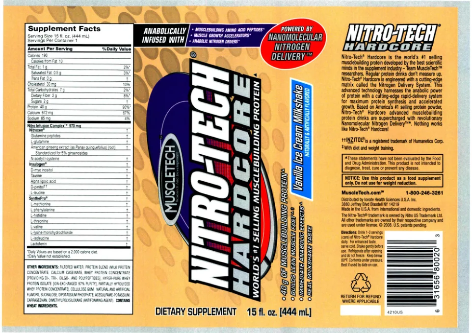 Label for Nitro-Tech Hardcore Vanilla Ice Cream Milkshake