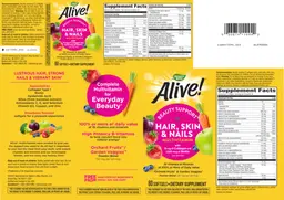 Label for Alive! Hair, Skin & Nails Multivitamin Strawberry Flavored