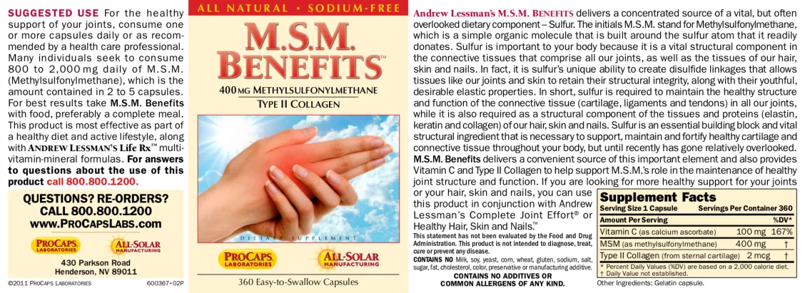 Label for M.S.M. Benefits