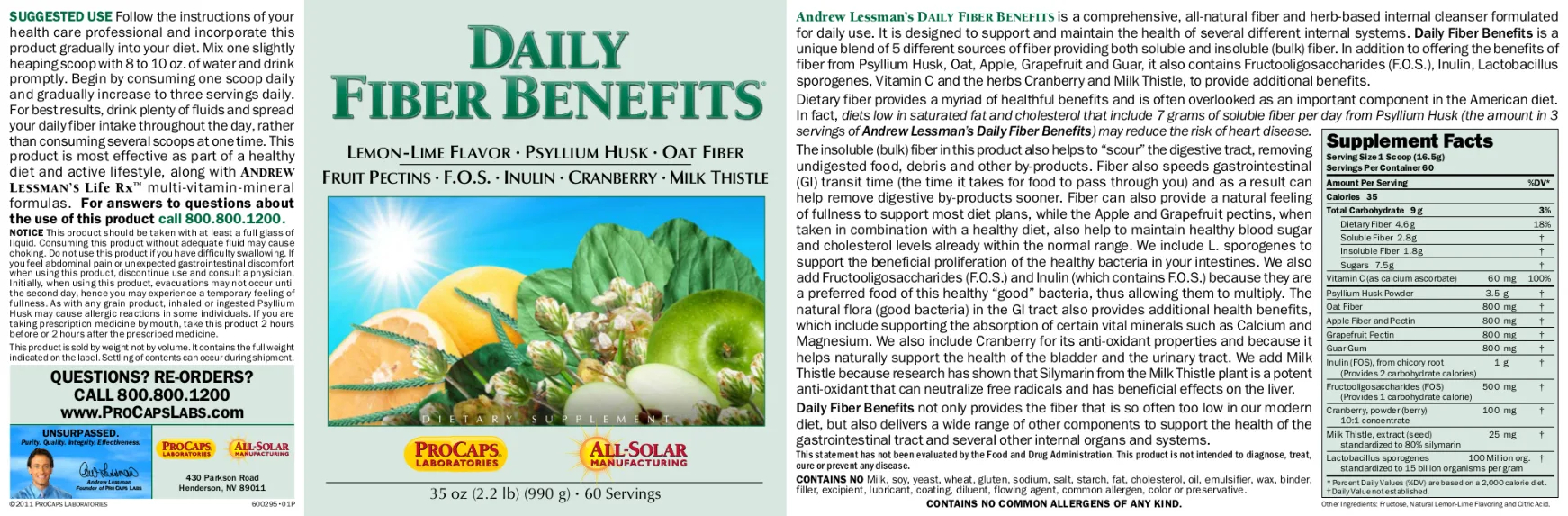 Label for Daily Fiber Benefits Lemon-Lime Flavor