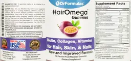 Label for Hair Omega Gummies Passion Fruit Flavored