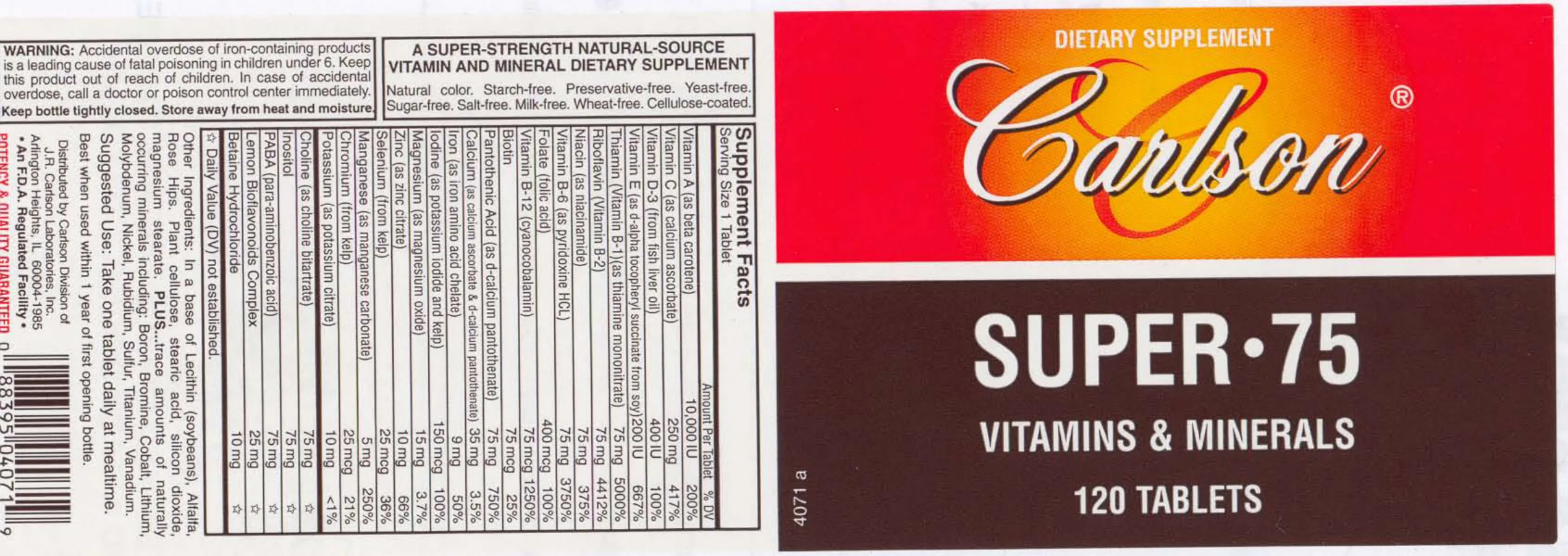 Label for Super 75 Vitamins & Minerals