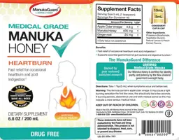 Label for Medical Grade Manuka Honey Heartburn Natural Lemon Peach