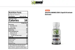 Label for Zenith NANO 250 Liquid Kratom Extract
