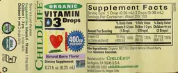 Label for Organic Vitamin D3 Drops 400 IU Natural Berry Flavor