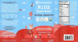 Label for Kidz Superfood Protein + Probiotics Strawberry Blast Flavored