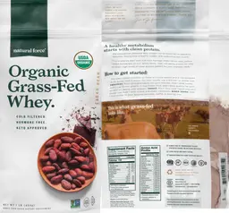 Label for Organic Grass-Fed Whey Cacao Bean