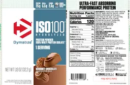 Label for ISO100 Hydrolyzed Gourmet Chocolate