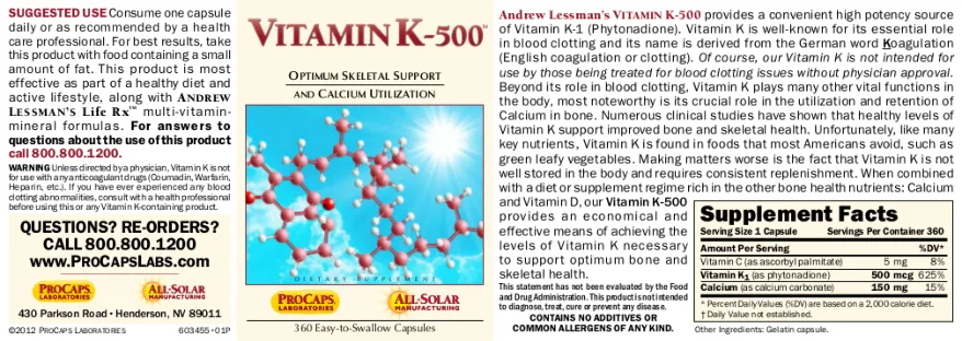 Label for Vitamin K-500