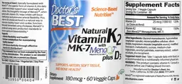 Label for Natural Vitamin K2 MK-7 with MenaQ7 180 mcg plus D3