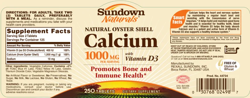 Label for Natural Oyster Shell Calcium 1000 mg With Vitamin D3
