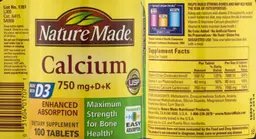 Label for Calcium 750 mg+D+K