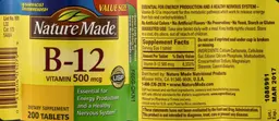 Label for Vitamin B-12 Vitamin 500 mcg