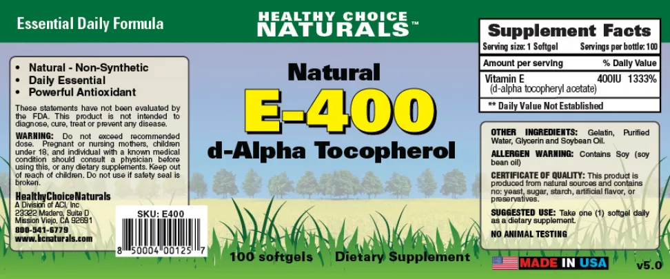 Label for Natural E-400 d-Alpha Tocopherol