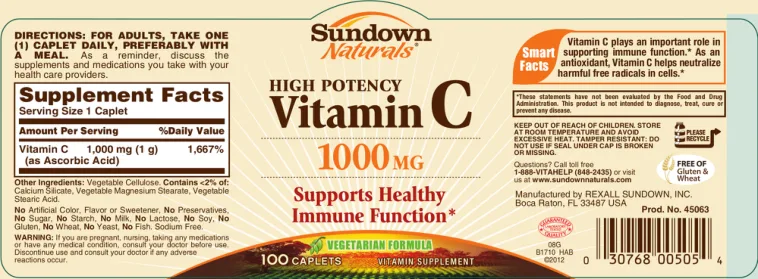 Label for High Potency Vitamin C 1000 mg