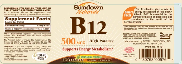 Label for B12 500 mcg