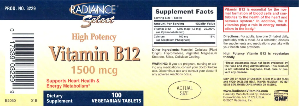 Label for High Potency Vitamin B12 1500 mcg