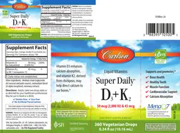 Label for Super Daily D3 50 mcg (2,000 IU) + K2 45 mcg