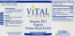 Label for Betaine HCl Pepsin Gentian Root Extract