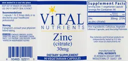 Label for Zinc (Citrate) 30 mg