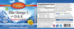 Label for Elite Omega-3 plus D & K Natural Lemon Flavor